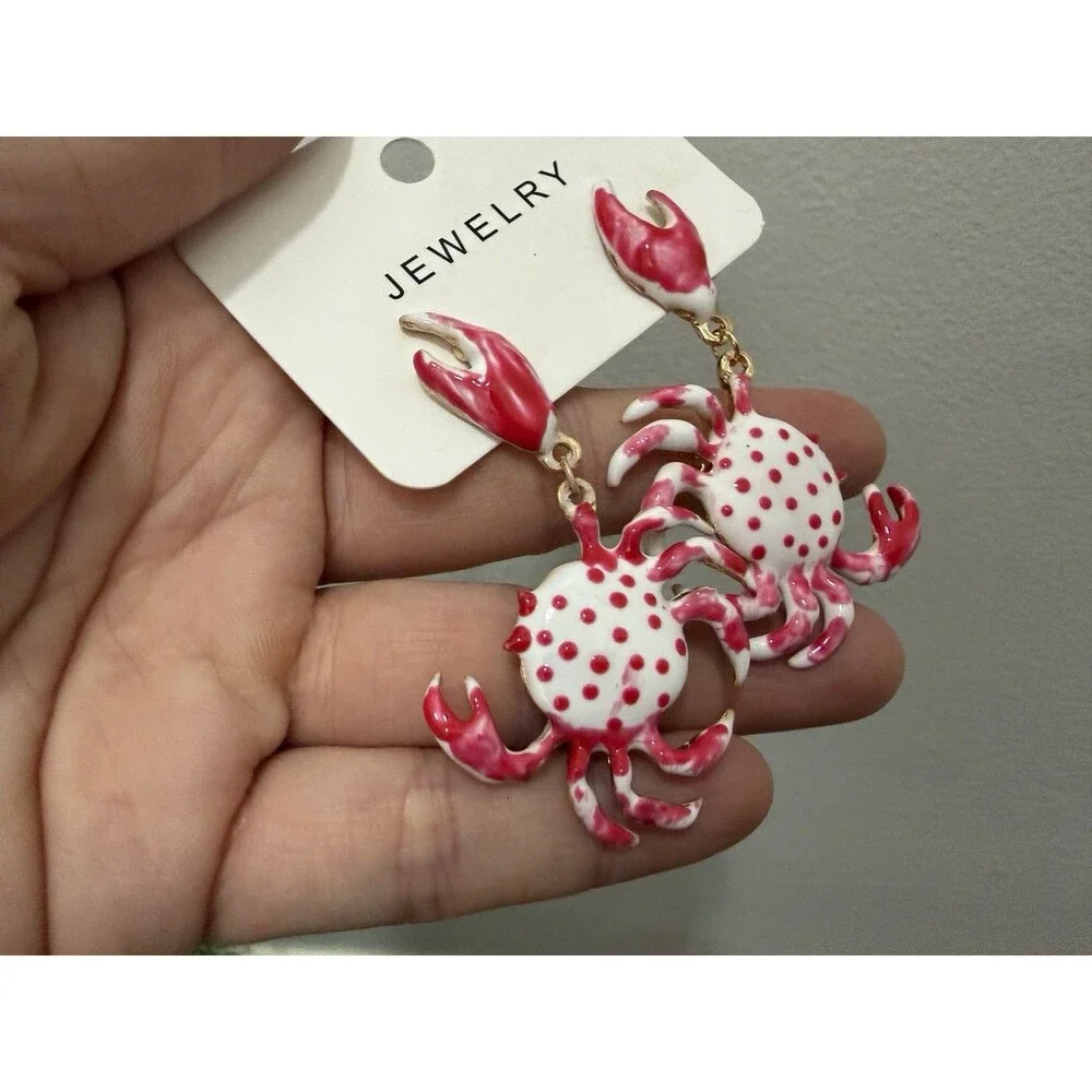 Pink White Polka Dot Ocean Crab Dangle Earrings Enamel Beach Jewelry NEW